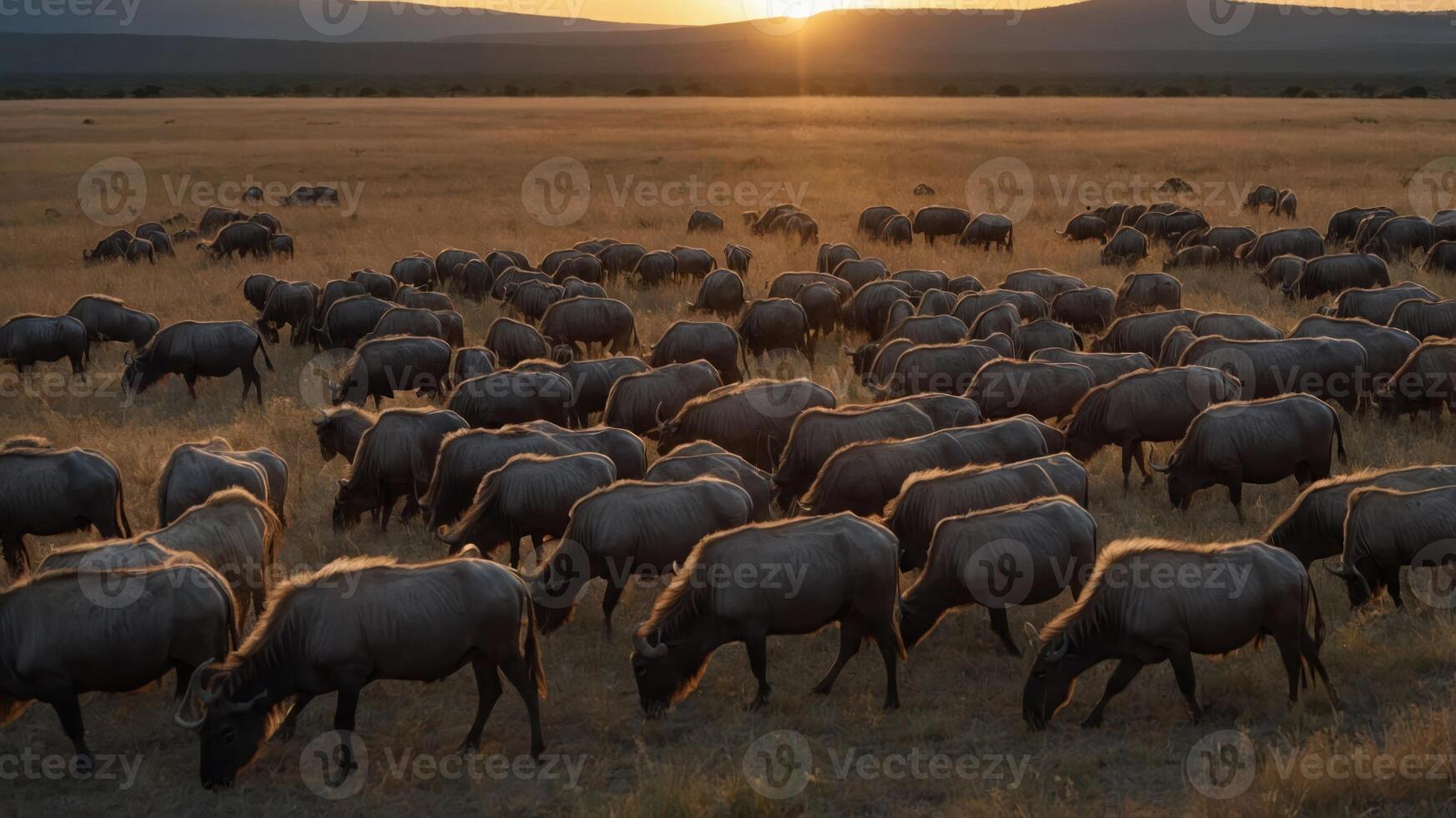 Herd of wildebeests grazing at sunset in a vast savannah landscape with golden grass photo