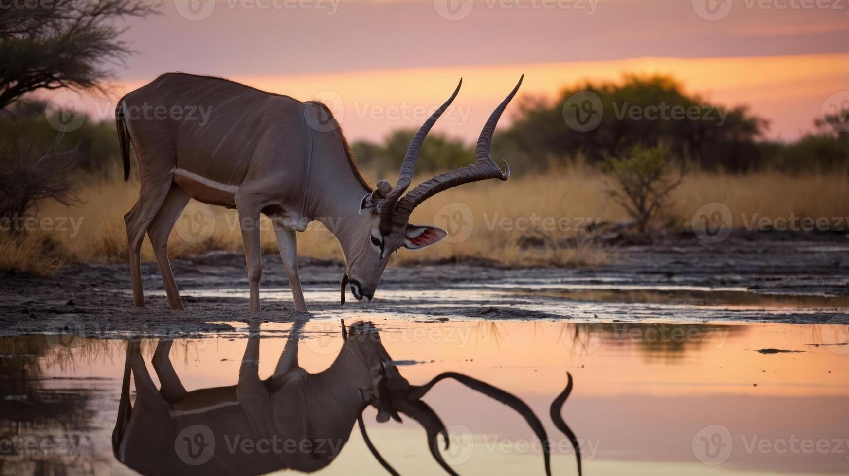Majestic antelope drinking from a serene waterhole at sunset in a tranquil African landscape photo