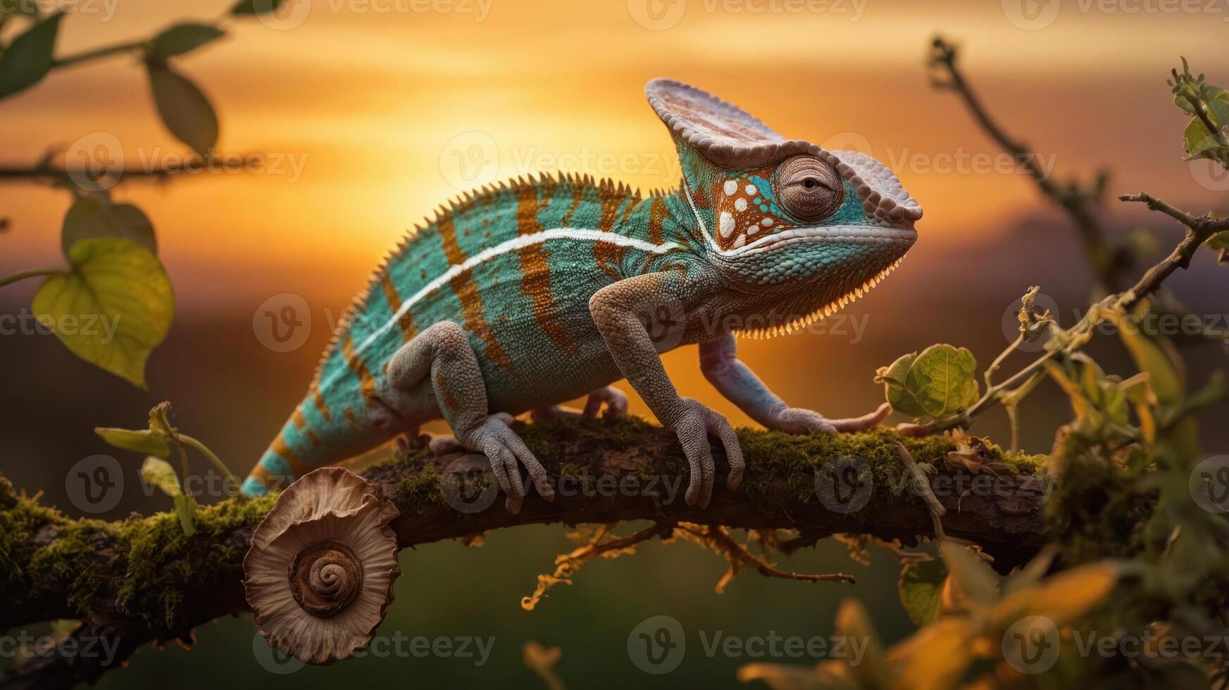 Colorful chameleon perched on a branch at sunset, surrounded by lush foliage and nature photo