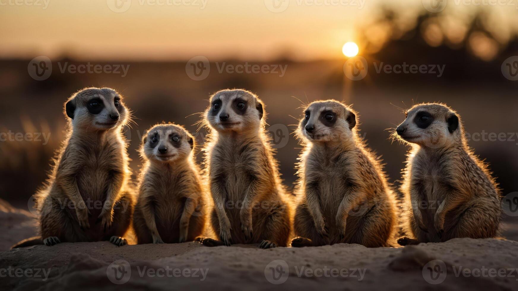 Group of meerkats standing in silhouette at sunset in a desert landscape, creating a serene scene photo