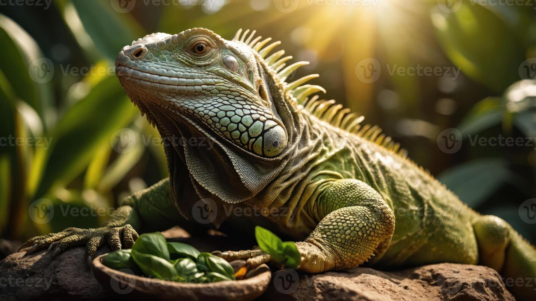 A vibrant iguana resting on a rock with fresh greens in a lush, sunlit tropical environment photo