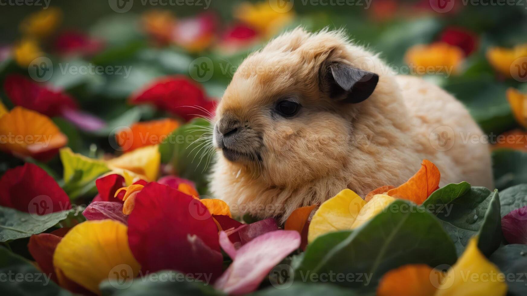 A fluffy rabbit surrounded by vibrant flowers in a serene garden setting, showcasing nature's beauty photo