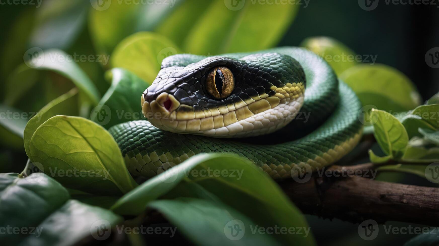 Close-up of a vibrant green snake resting on lush leaves in a natural habitat setting photo