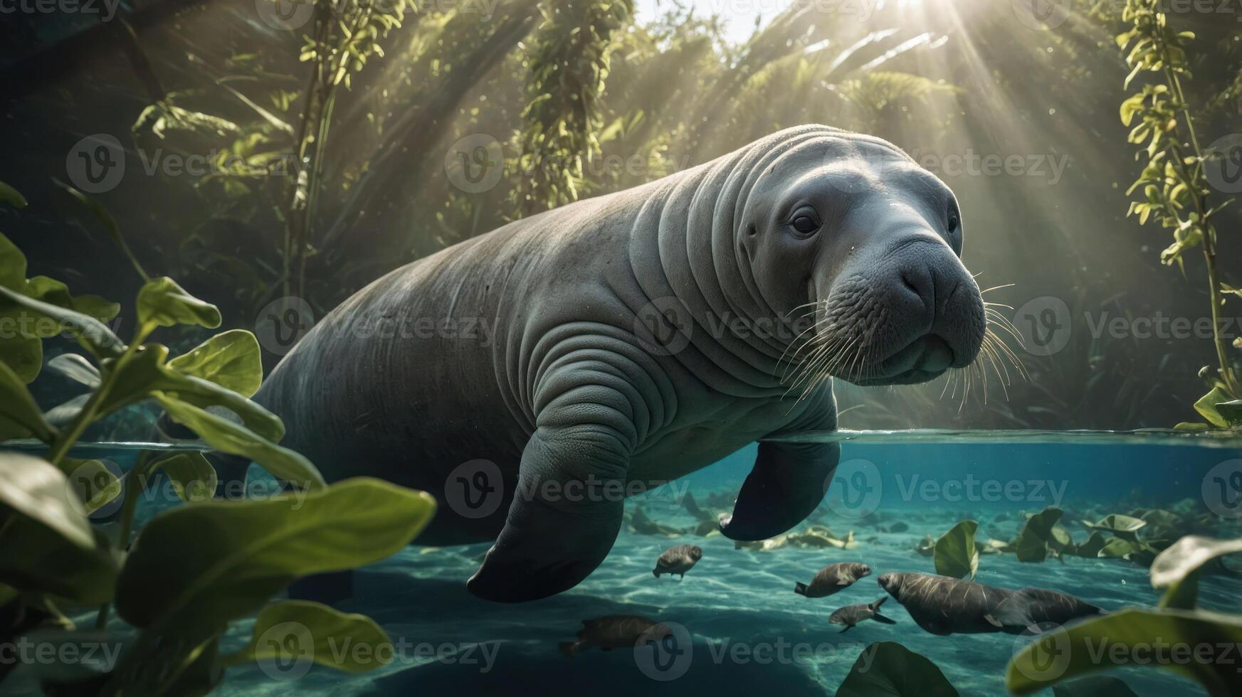 Manatee swimming gracefully in a lush underwater scene surrounded by aquatic plants and fish photo