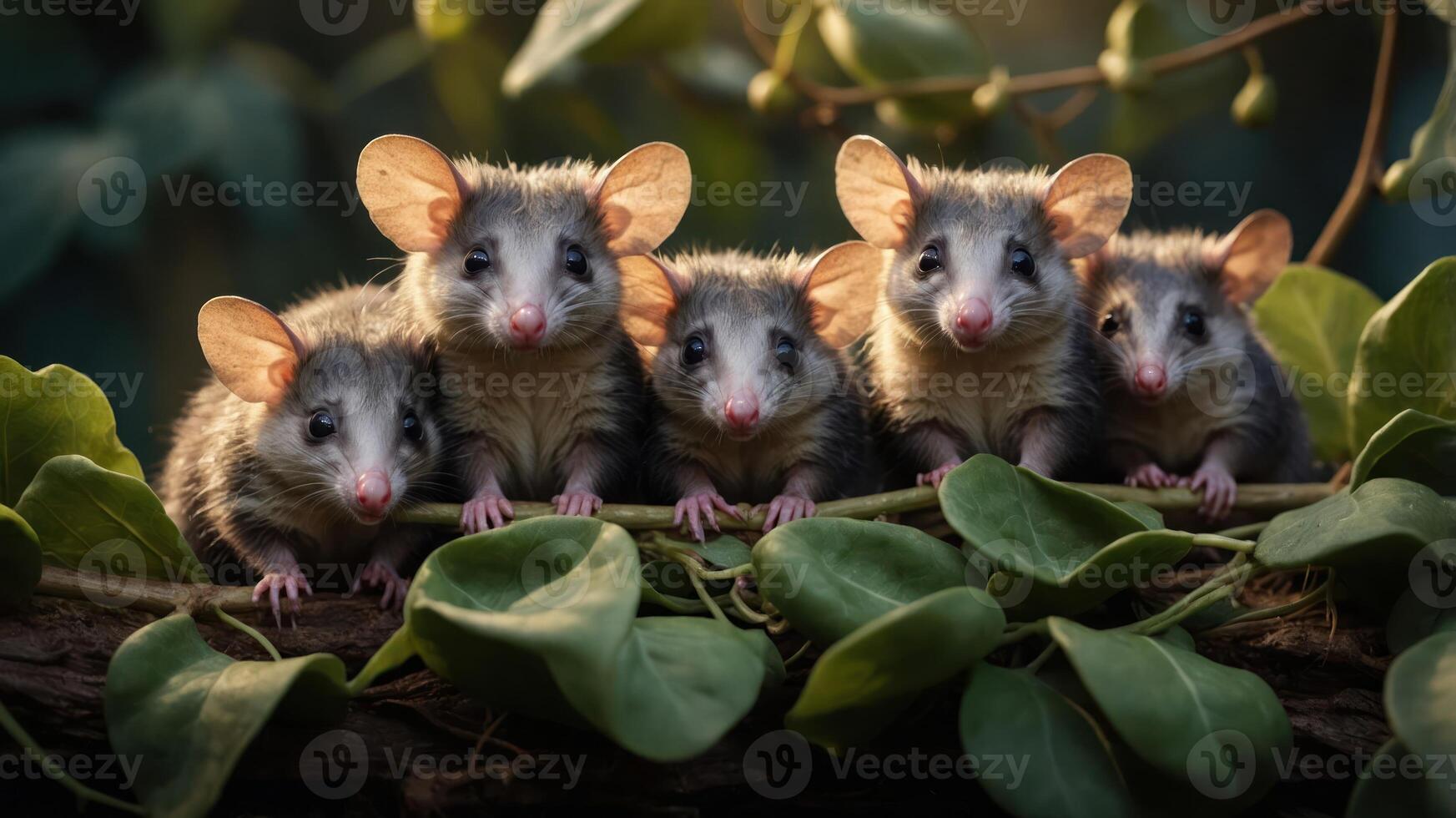 Five adorable marsupials perched on a log surrounded by lush greenery in a serene forest setting photo