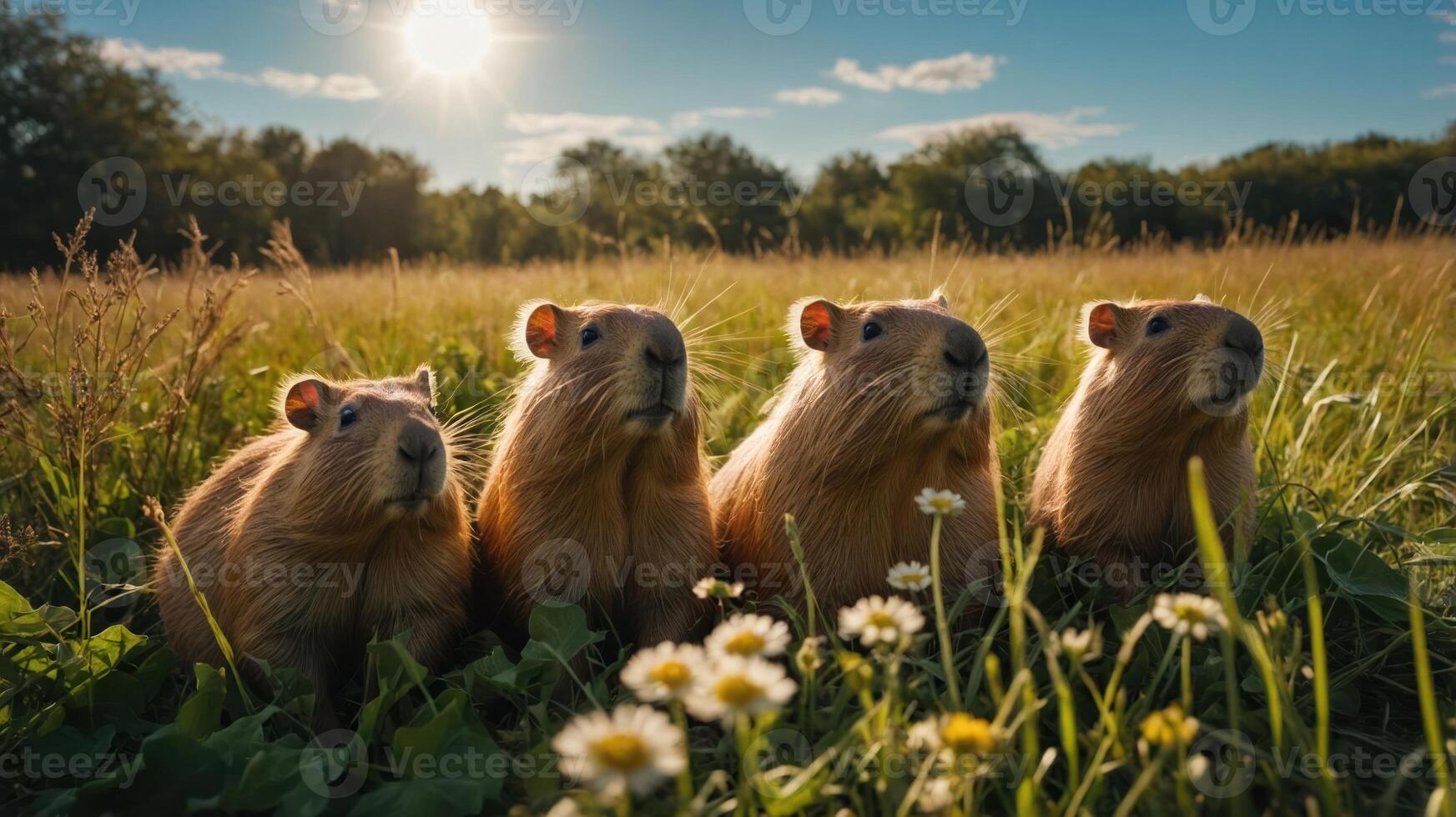 Four capybaras sitting in a sunlit field of grass and flowers, enjoying a peaceful afternoon photo