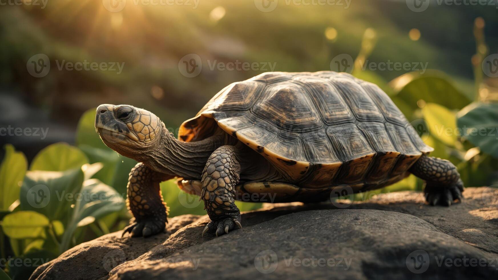 A tortoise basking on a rock under the warm sunlight, surrounded by lush greenery and hills photo