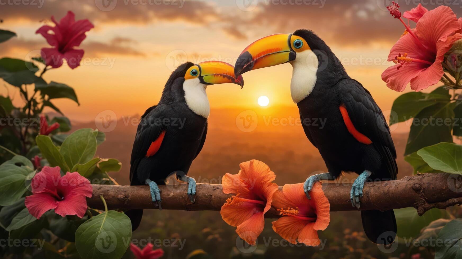 Two vibrant toucans perched on a branch surrounded by tropical flowers at sunset photo