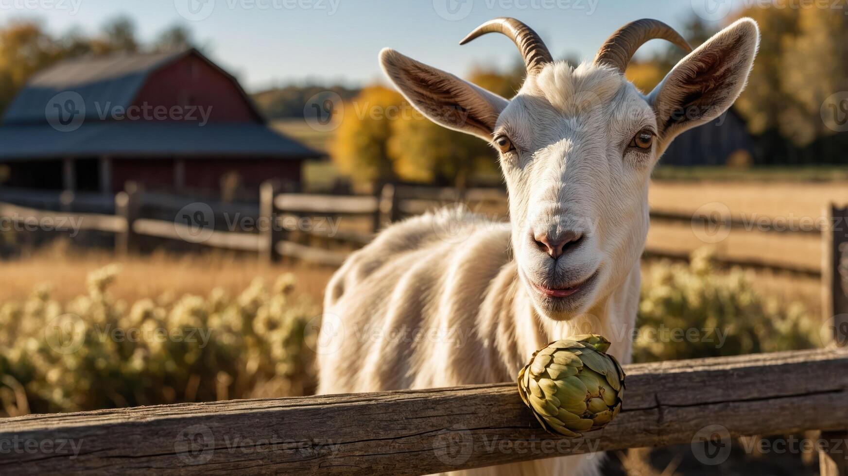 A curious goat munching on an artichoke near a rustic barn in a serene autumn landscape photo