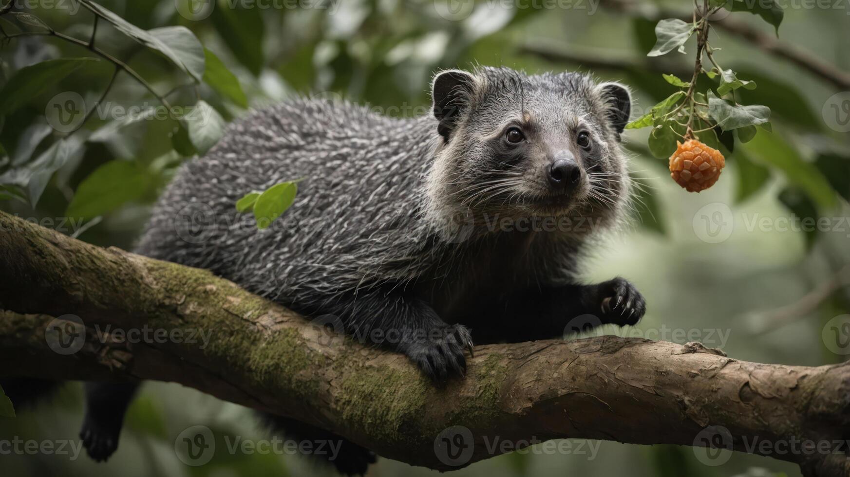 A curious raccoon dog perched on a branch in a lush forest, observing its surroundings intently photo