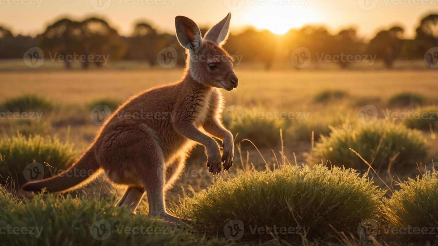 Young kangaroo hopping through golden grass at sunset with trees in the background photo