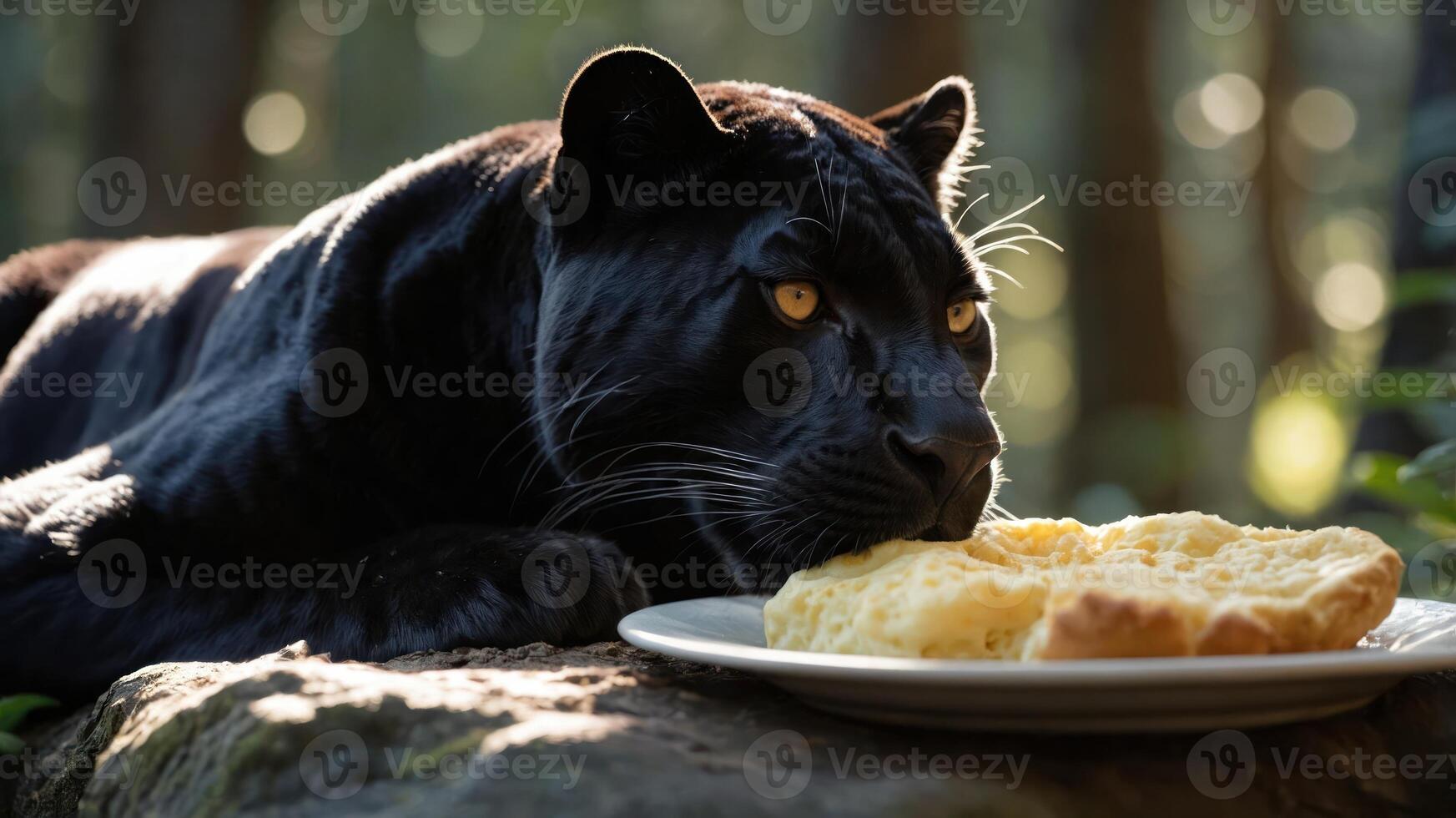 A black panther resting in a forest, curiously eyeing a plate of fluffy pancakes on a log photo