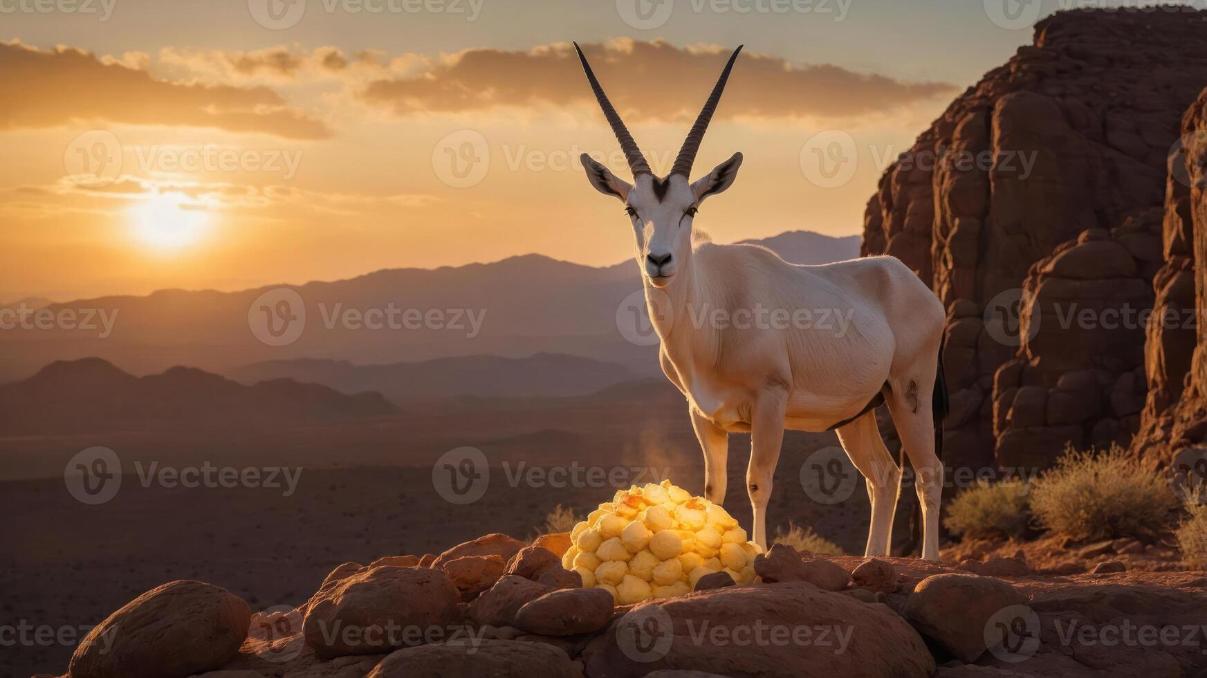 Majestic white antelope standing on rocky terrain at sunset, surrounded by golden light and mountains photo