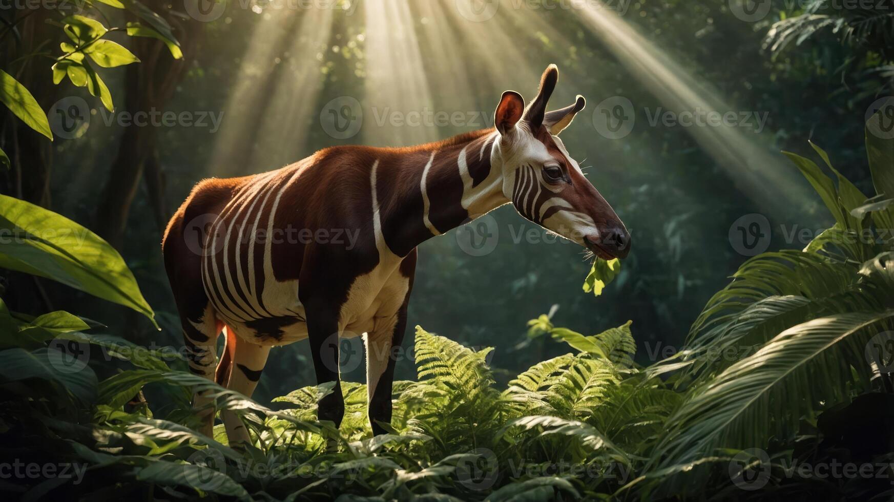 Majestic Okapi Grazing in Lush Jungle Under Sunlight with Greenery Surrounding It photo