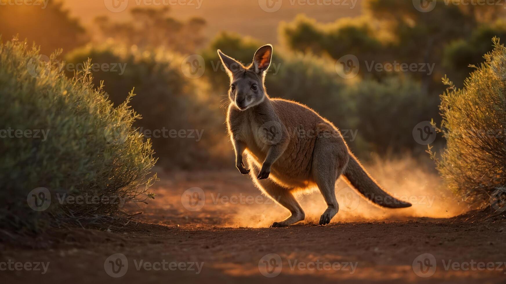 Kangaroo leaping through a sunlit outback landscape, with dust rising and shrubs in the background photo