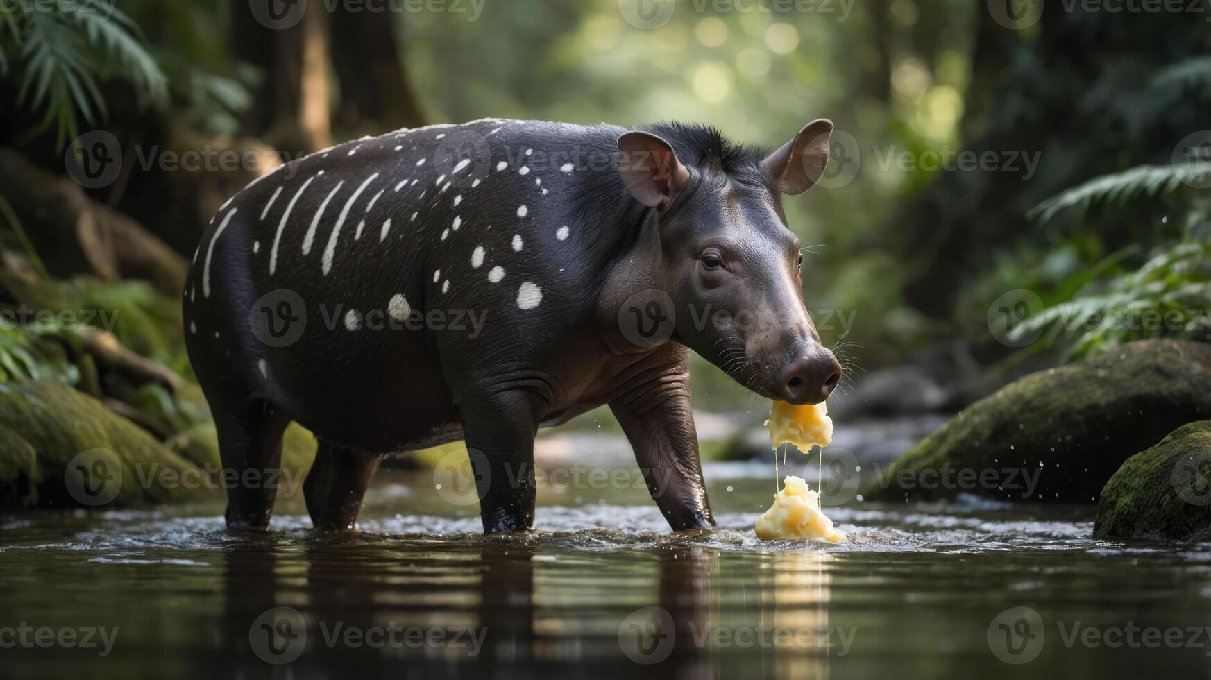 Spotted animal wading through a tranquil stream in a lush, green forest setting photo