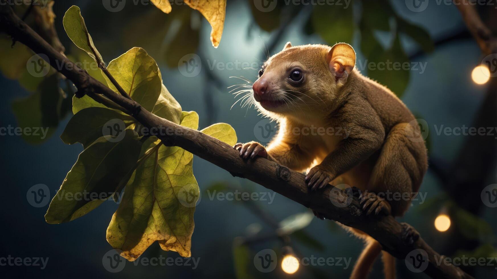 A curious marsupial perched on a branch surrounded by lush foliage and soft, glowing lights at night photo