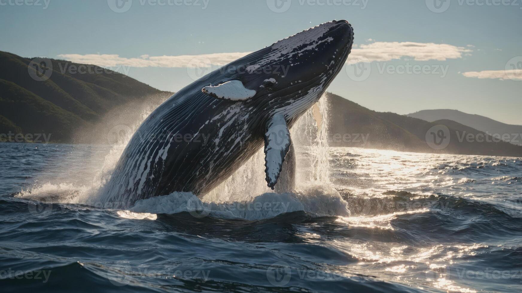 Majestic humpback whale breaching the surface of the ocean against a mountainous backdrop photo