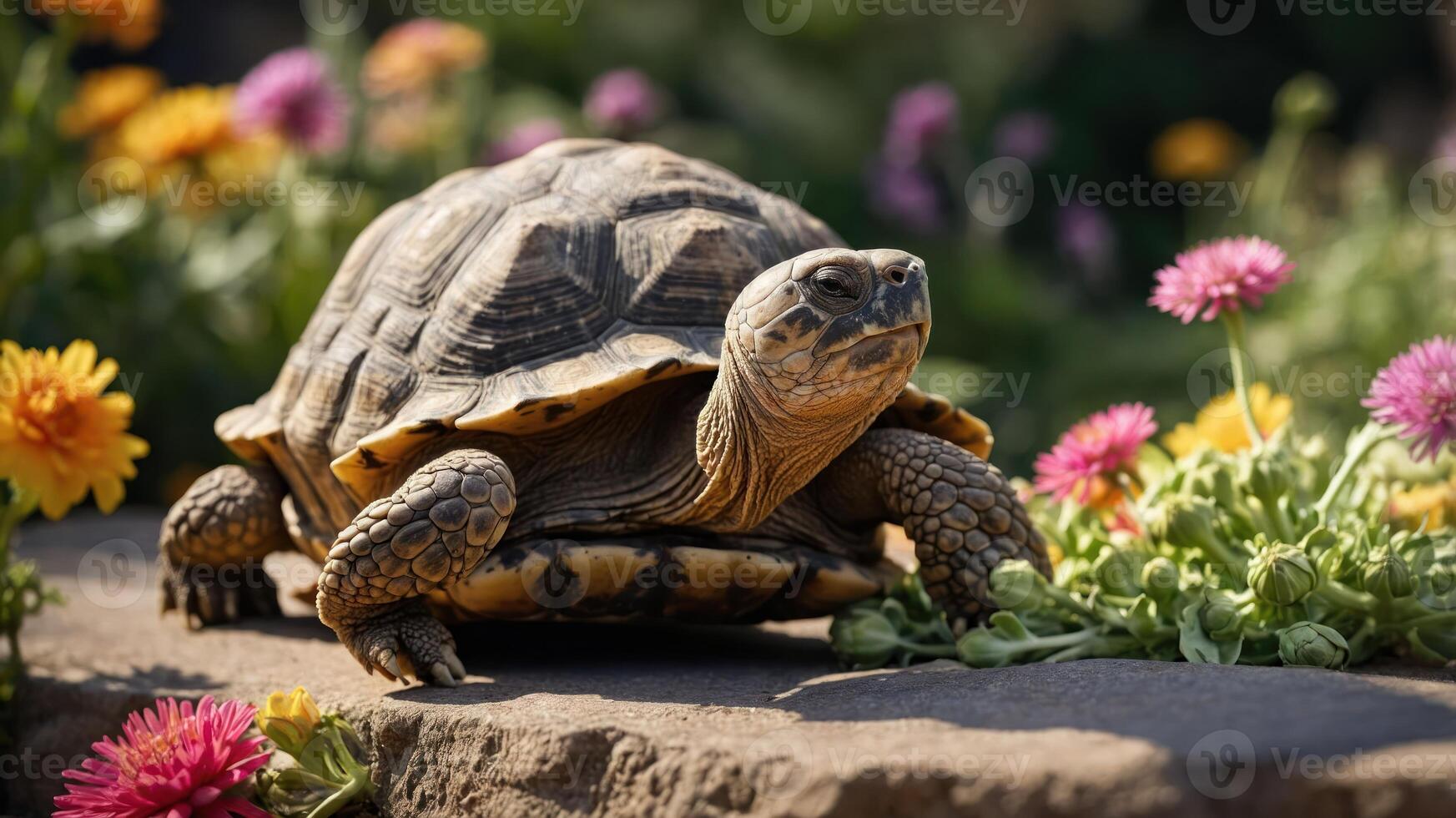 A tortoise slowly moves through a vibrant garden filled with colorful flowers, enjoying the sunshine photo