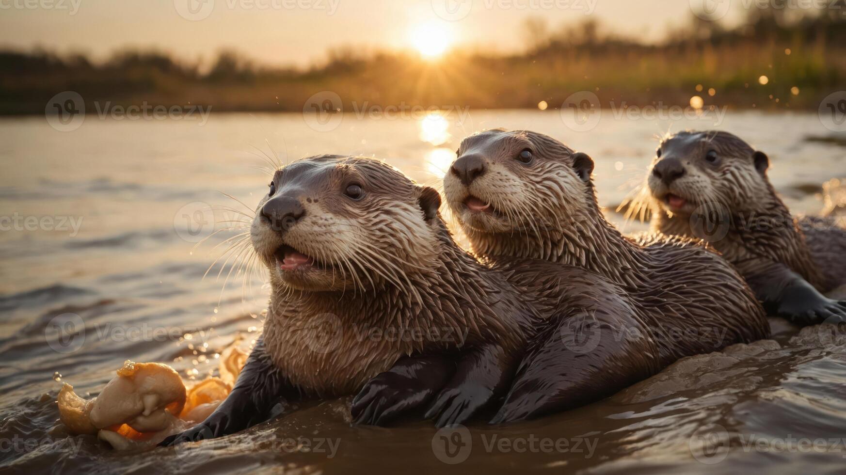 Three playful otters swimming in a serene river at sunset, enjoying a meal, with nature in the background photo