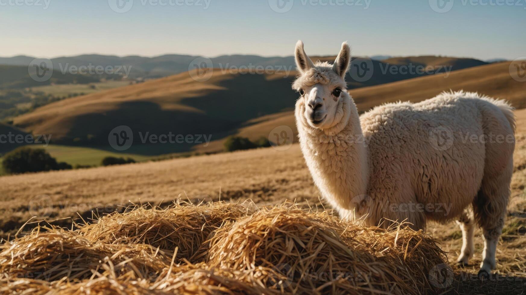 A serene llama stands beside a haystack in a sunlit field with rolling hills in the background photo