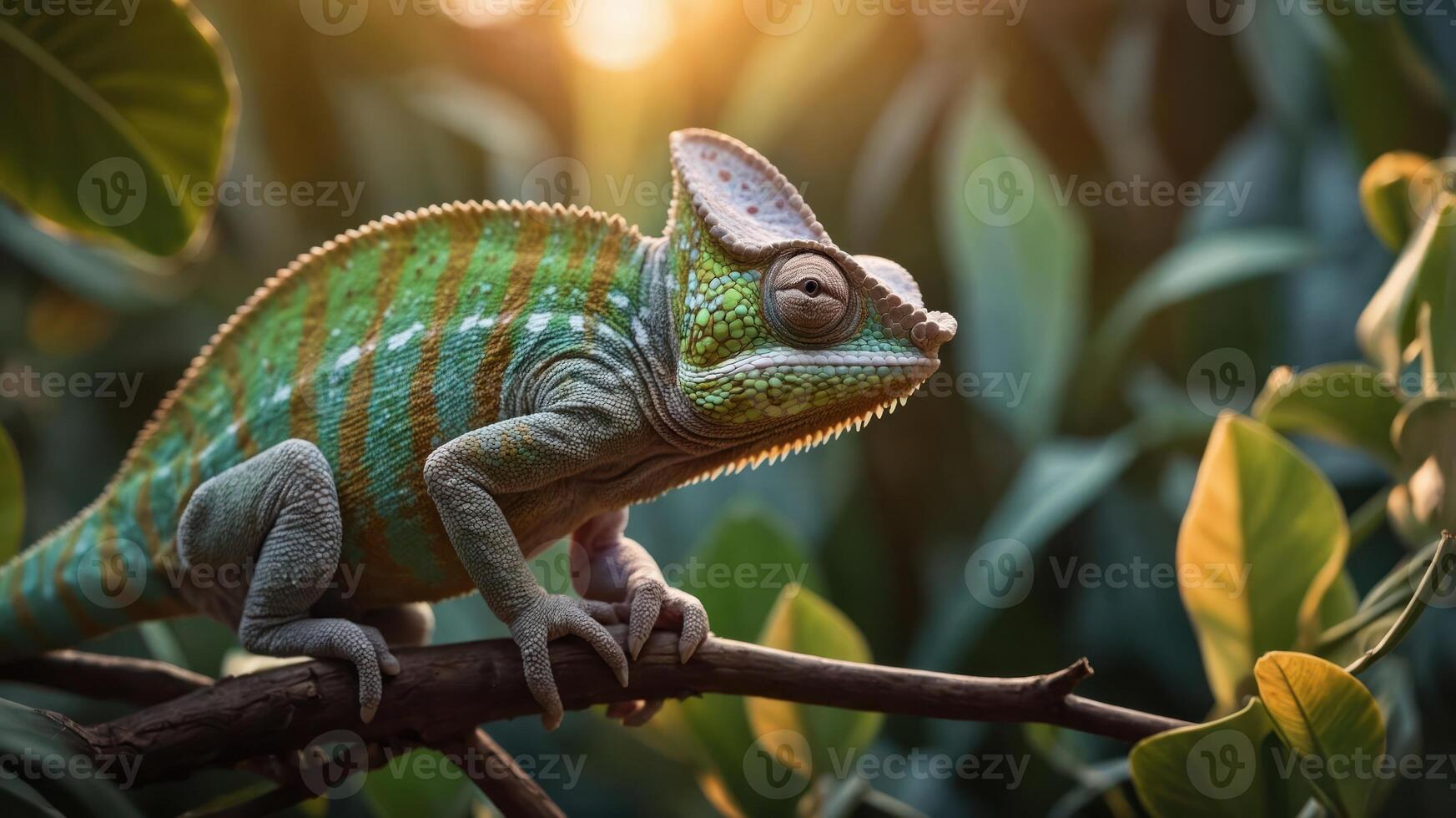 Vibrant chameleon perched on a branch amidst lush greenery during sunset, showcasing nature's beauty photo
