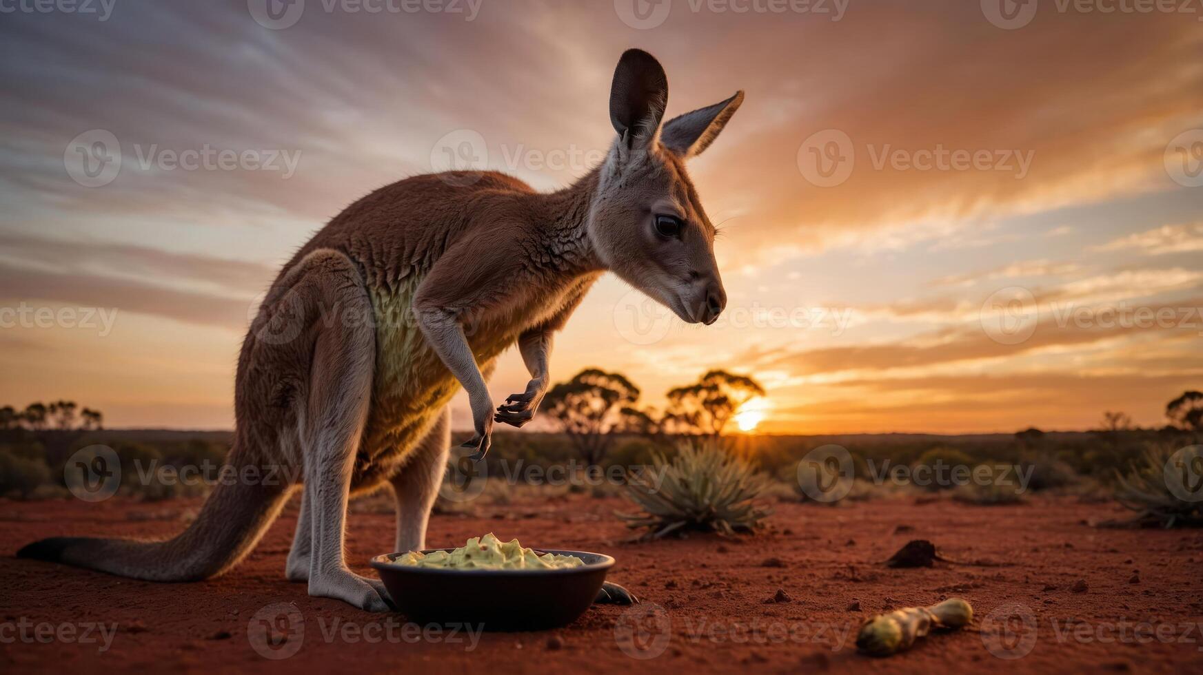 A kangaroo curiously inspects a bowl of food at sunset in a serene Australian landscape photo