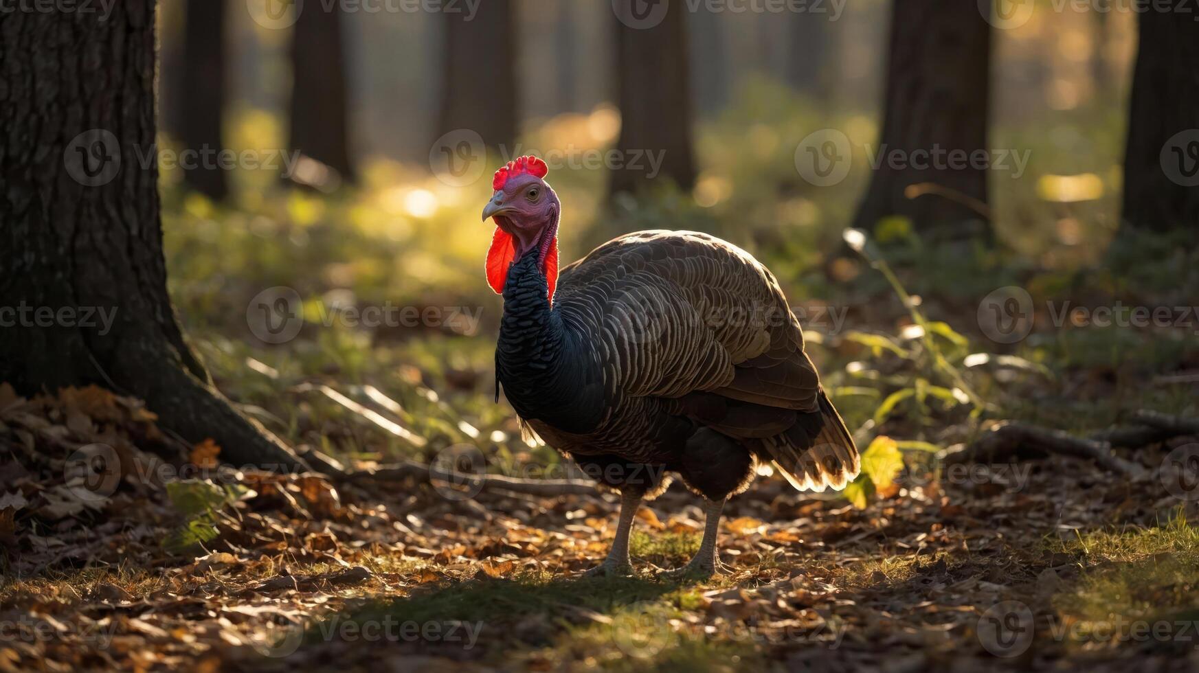 Wild turkey walking through a sunlit forest with autumn foliage in the background photo