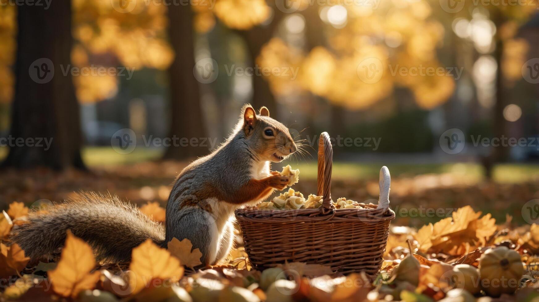 Squirrel foraging in a basket of autumn leaves in a sunny park setting during fall photo