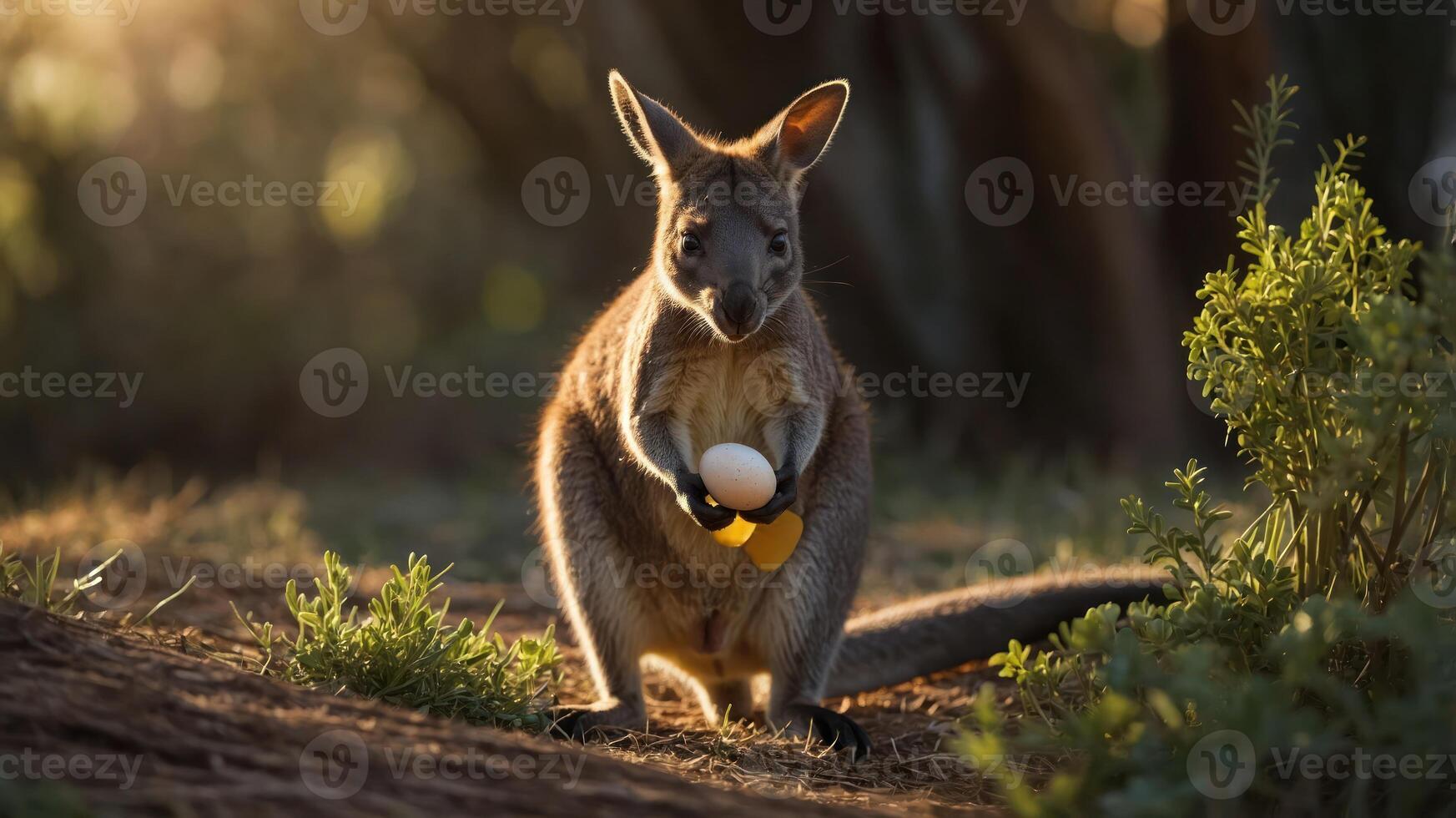 A kangaroo holding an egg in a sunlit forest, surrounded by greenery and soft light photo