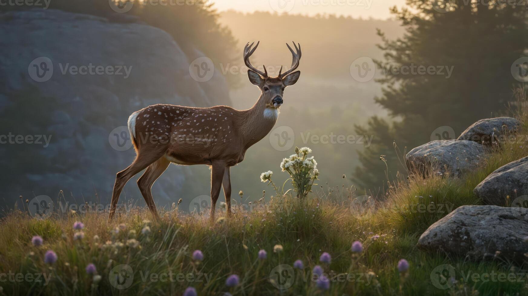 Majestic deer standing gracefully in a serene meadow during golden hour, surrounded by wildflowers photo