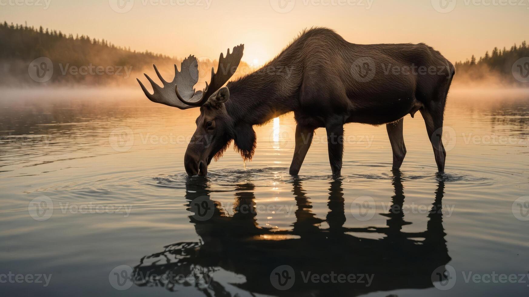 Majestic moose drinking from a serene lake at sunrise, surrounded by misty forest landscape photo