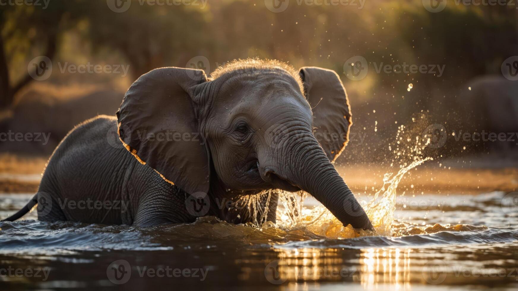 Young elephant splashing in a serene water body during golden hour, surrounded by lush trees photo