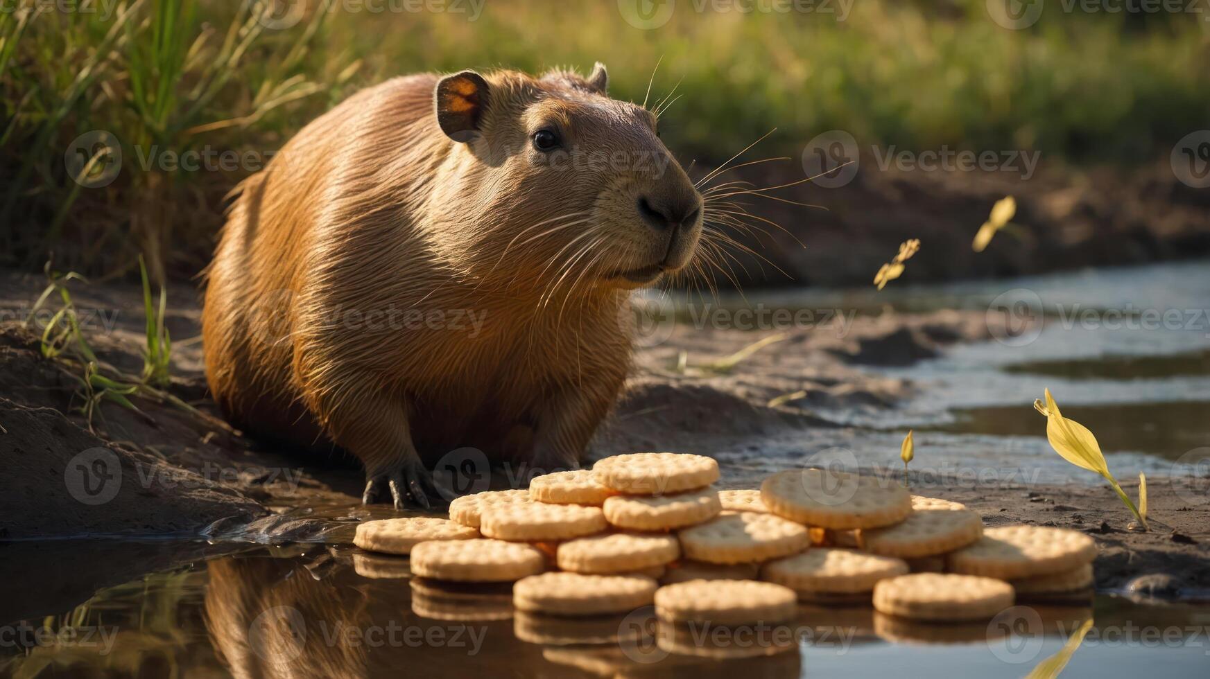 Capybara near riverbank enjoying biscuits on sunny day with lush greenery in background photo