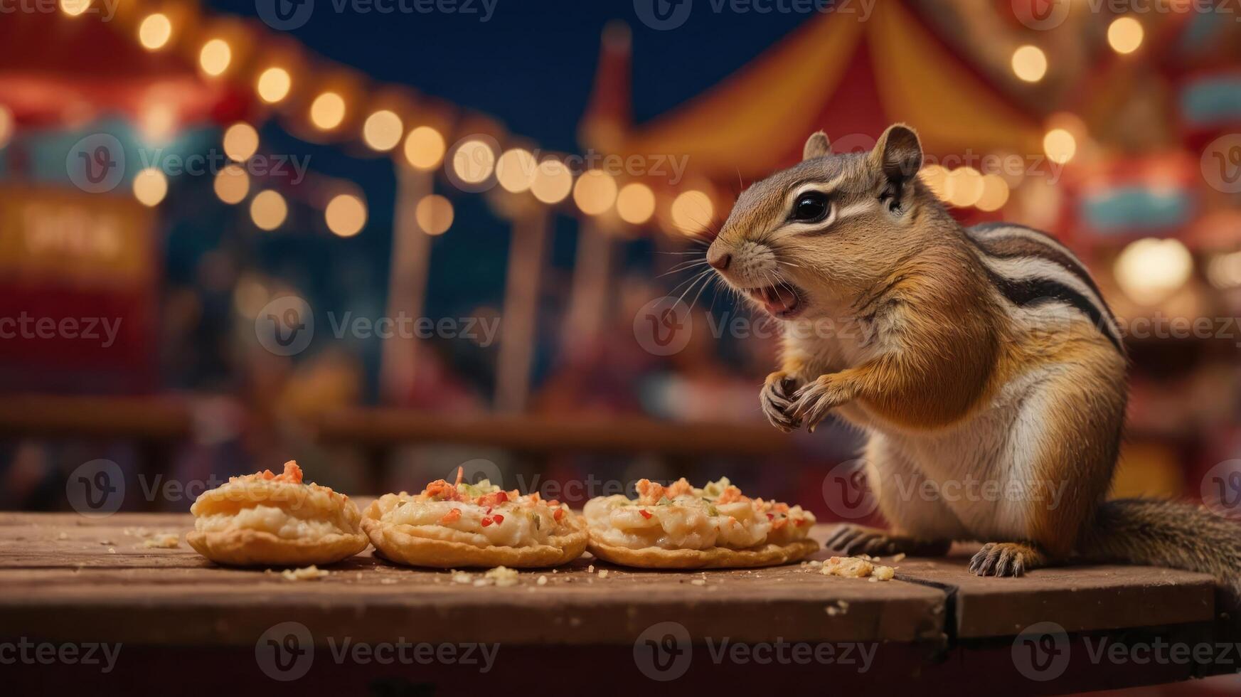 A chipmunk enjoying a feast of colorful cookies at a vibrant carnival under string lights photo
