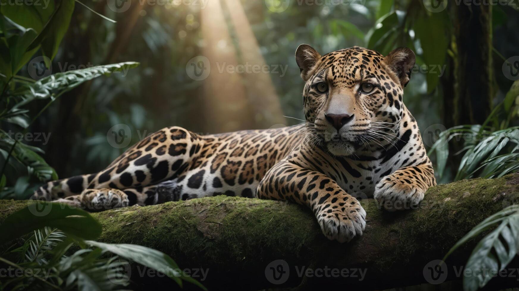 Majestic jaguar resting on a mossy branch in a lush jungle with sunlight filtering through trees photo