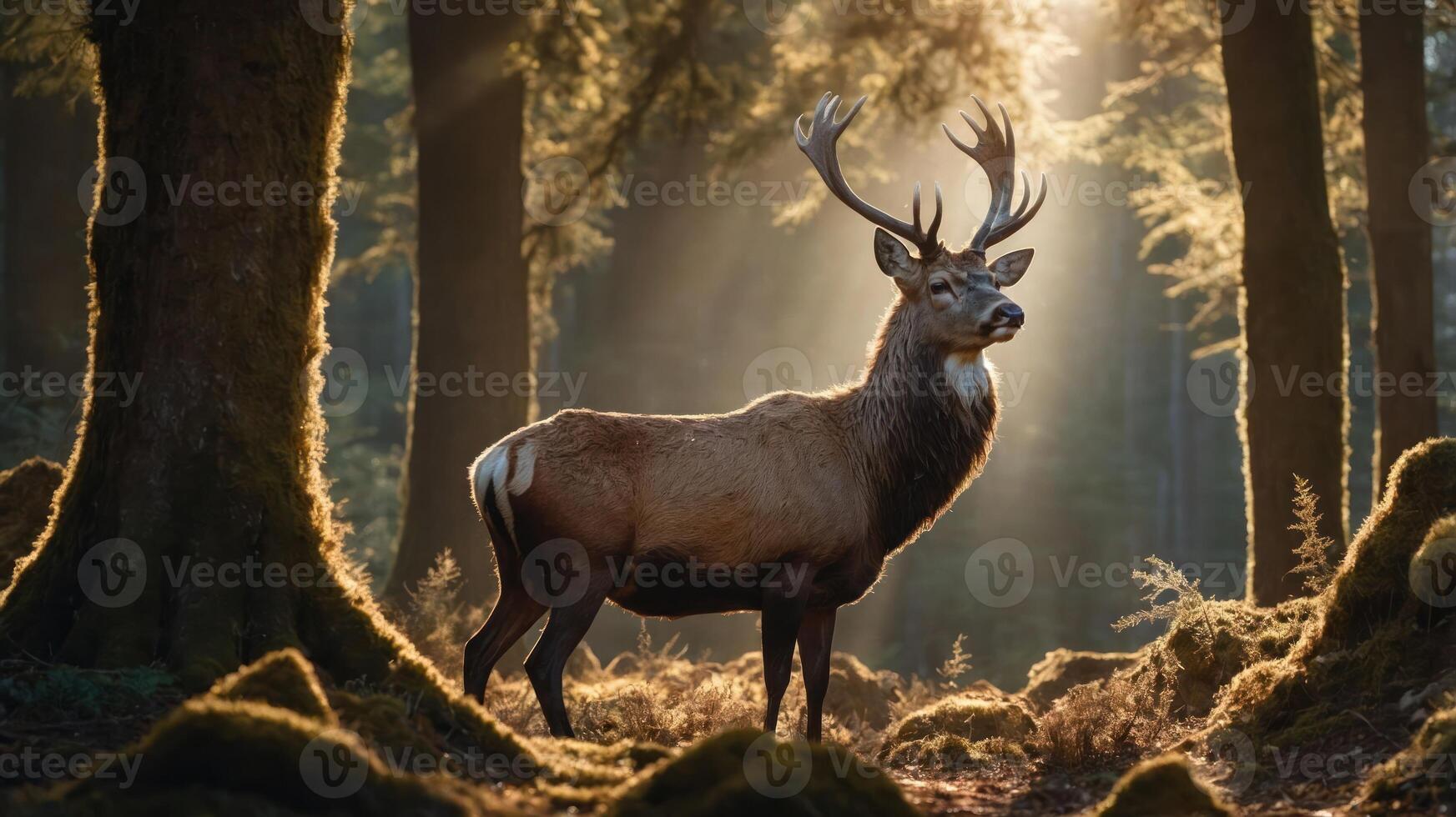 Majestic stag standing in sunlit forest, surrounded by lush greenery and misty atmosphere photo