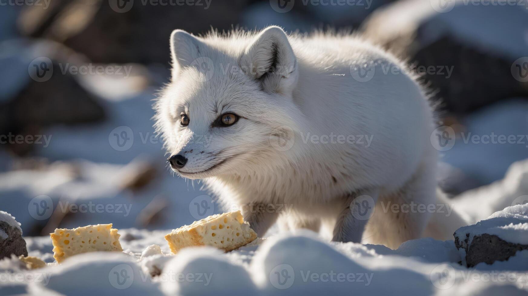 Arctic fox foraging on snow-covered ground, with pieces of food scattered nearby, showcasing winter wildlife photo