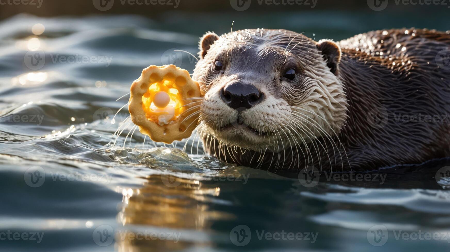 Playful otter swimming with a toy in its mouth, surrounded by shimmering water reflections photo