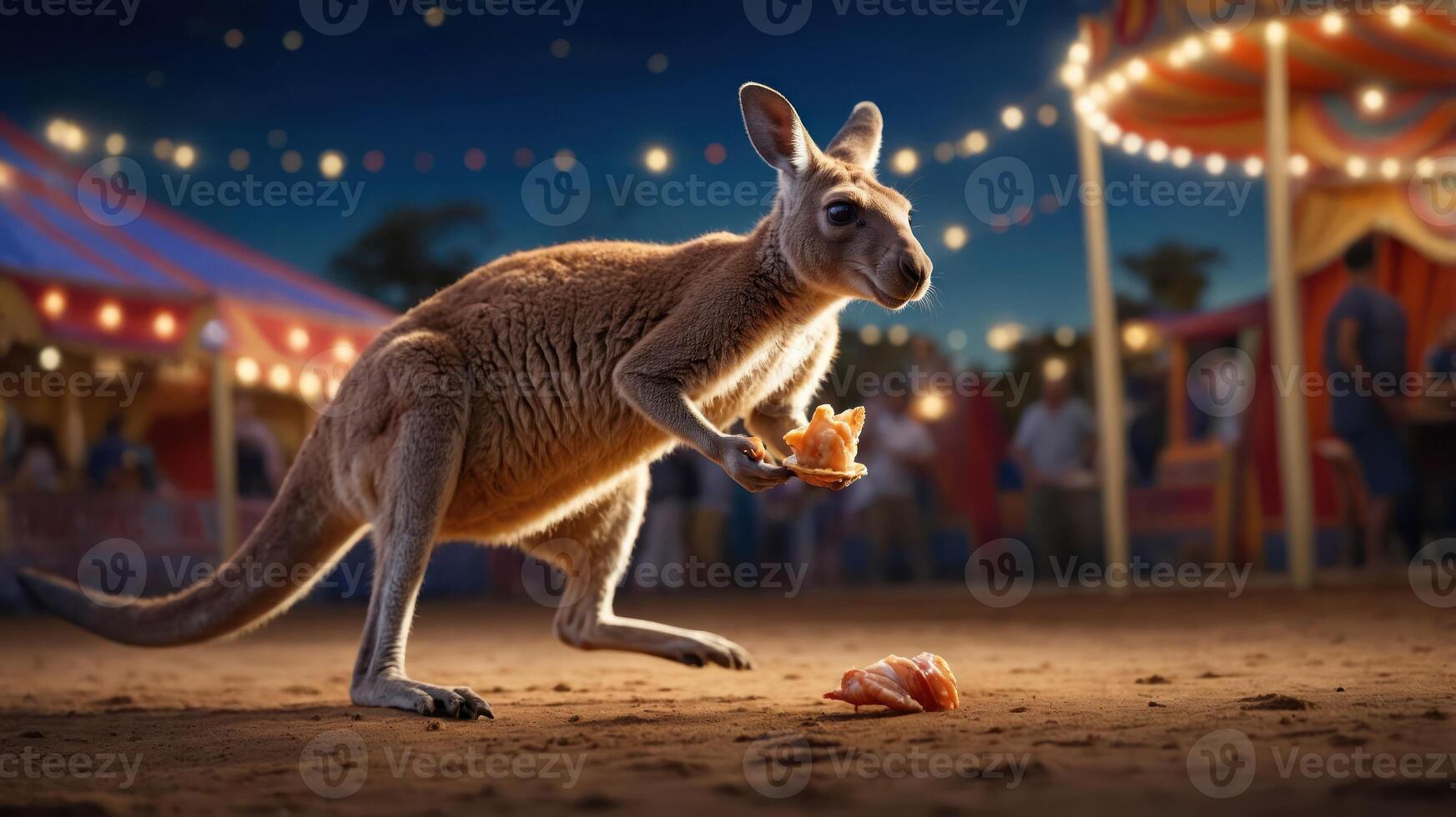 A kangaroo enjoying a snack amidst a lively carnival atmosphere at night photo