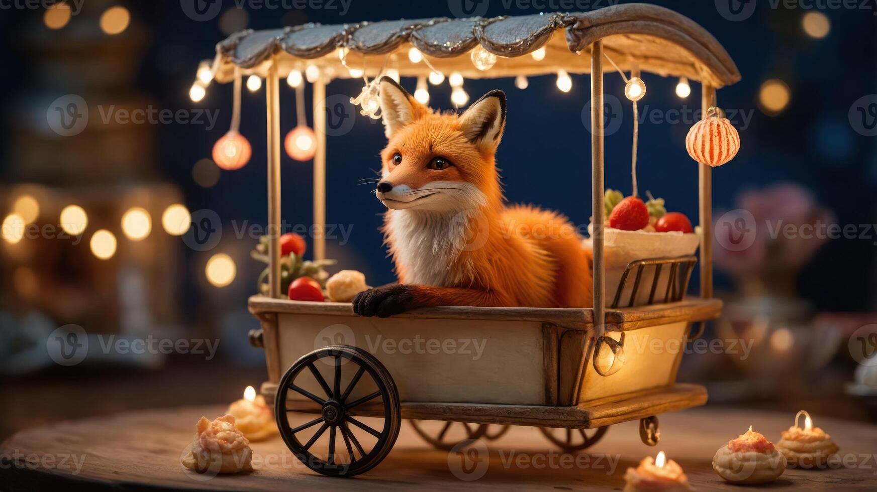 A charming fox character in a whimsical food cart adorned with lights and treats, set in a cozy environment photo