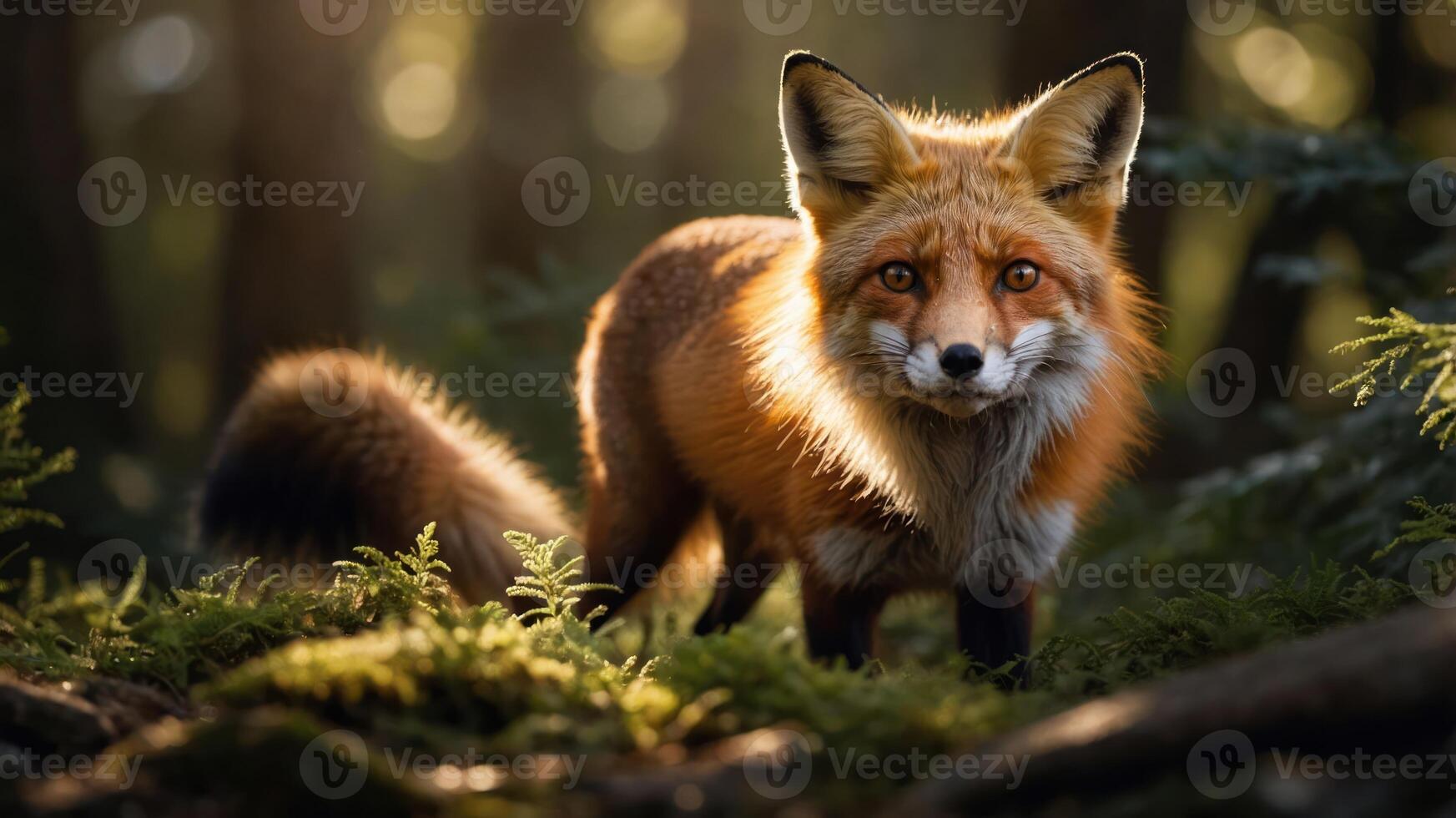 A majestic red fox standing amidst lush greenery in a sunlit forest, showcasing its vibrant fur photo