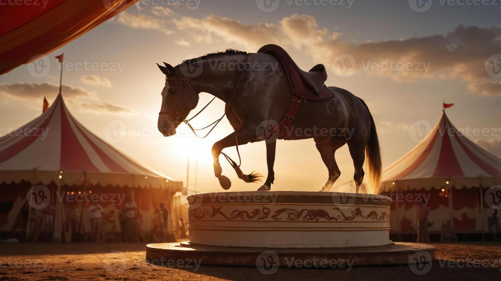 Majestic horse performing at sunset in a vibrant circus setting with colorful tents photo