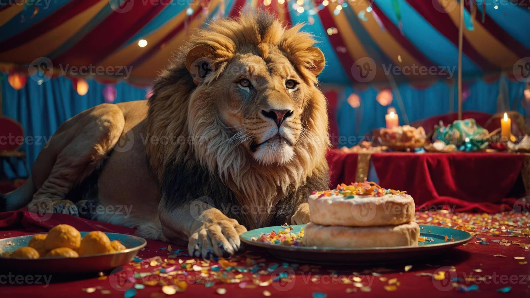 A majestic lion lounging in a festive circus tent, surrounded by colorful decorations and treats photo