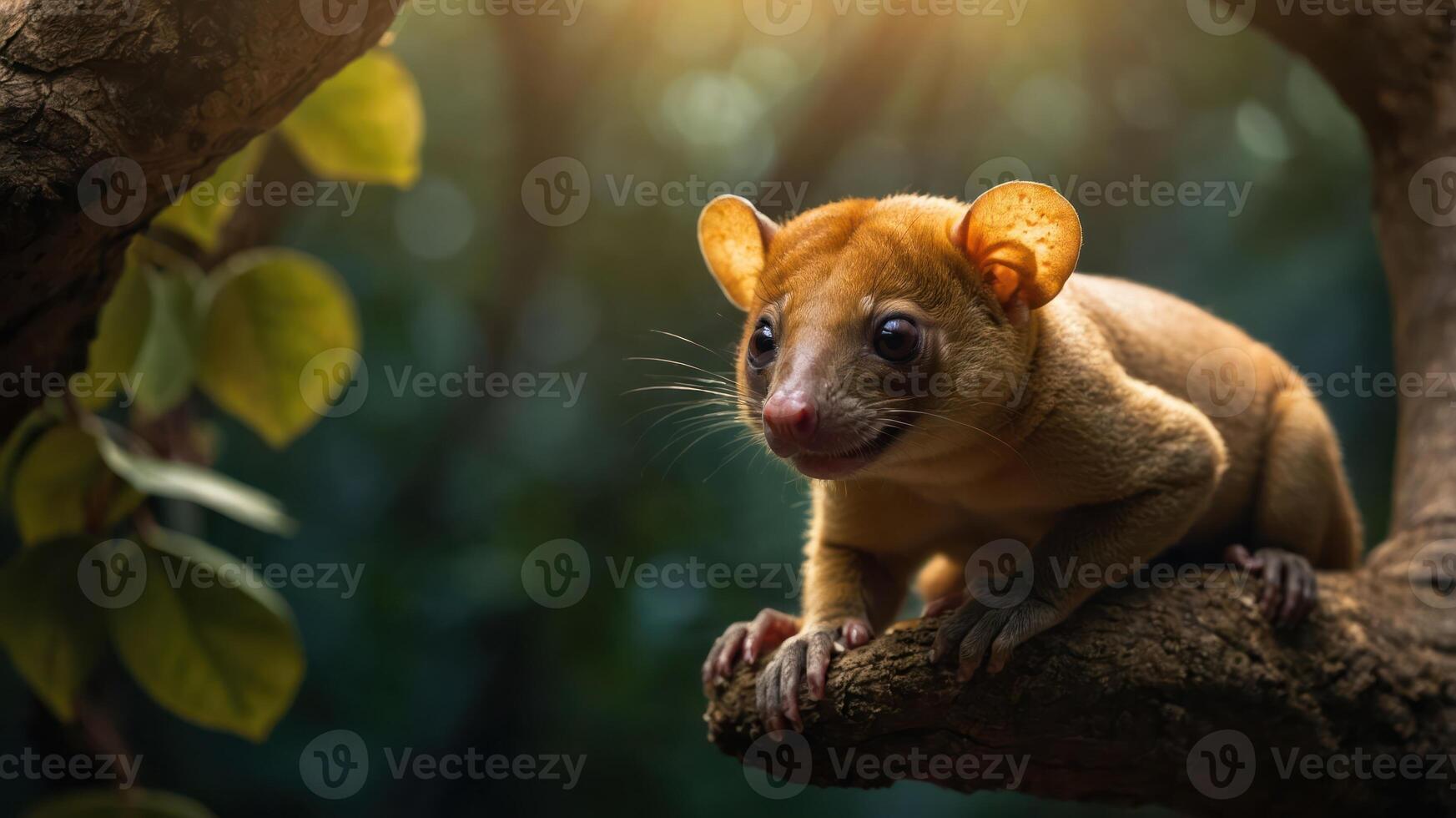 A close-up of a golden-brown marsupial perched on a tree branch in a lush green forest during sunset photo
