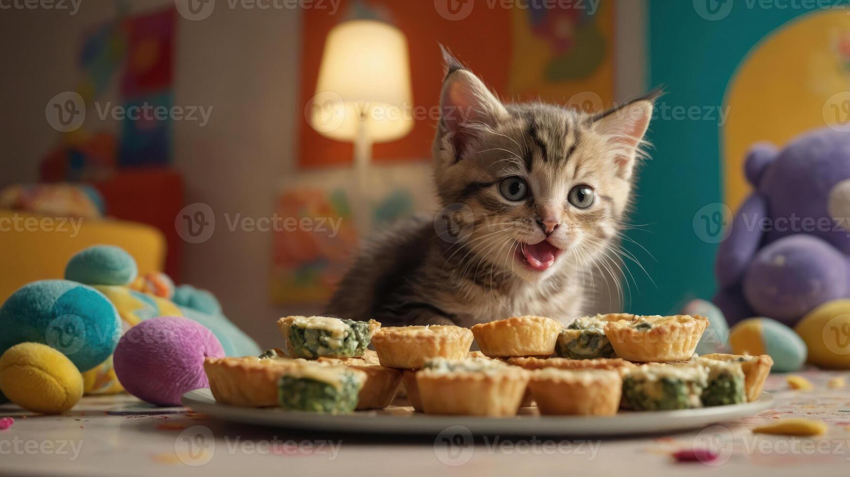 Playful kitten curiously gazing at a plate of colorful tarts in a cozy, vibrant room photo