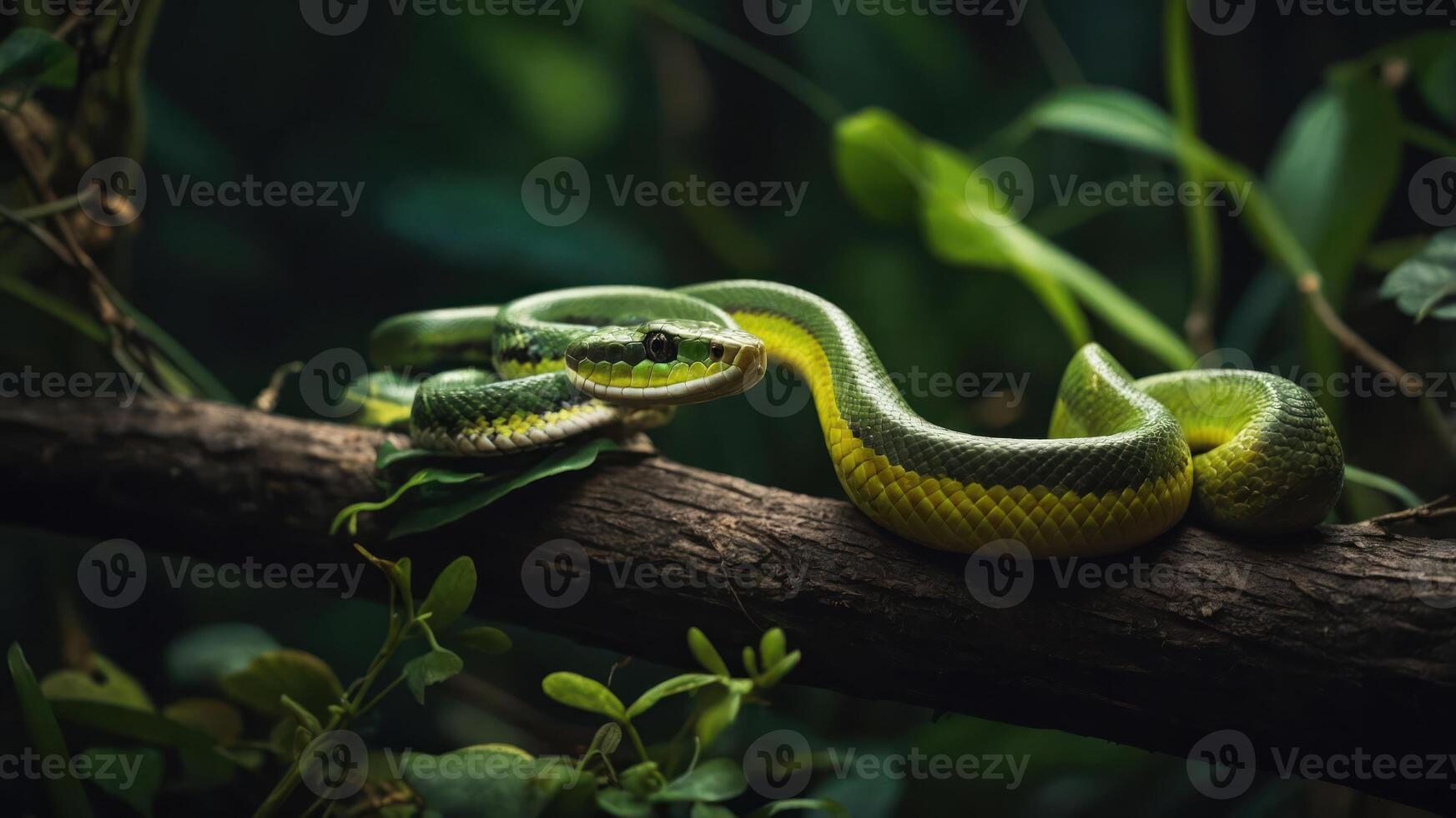 A vibrant green snake resting on a branch amidst lush foliage in a tropical forest setting photo