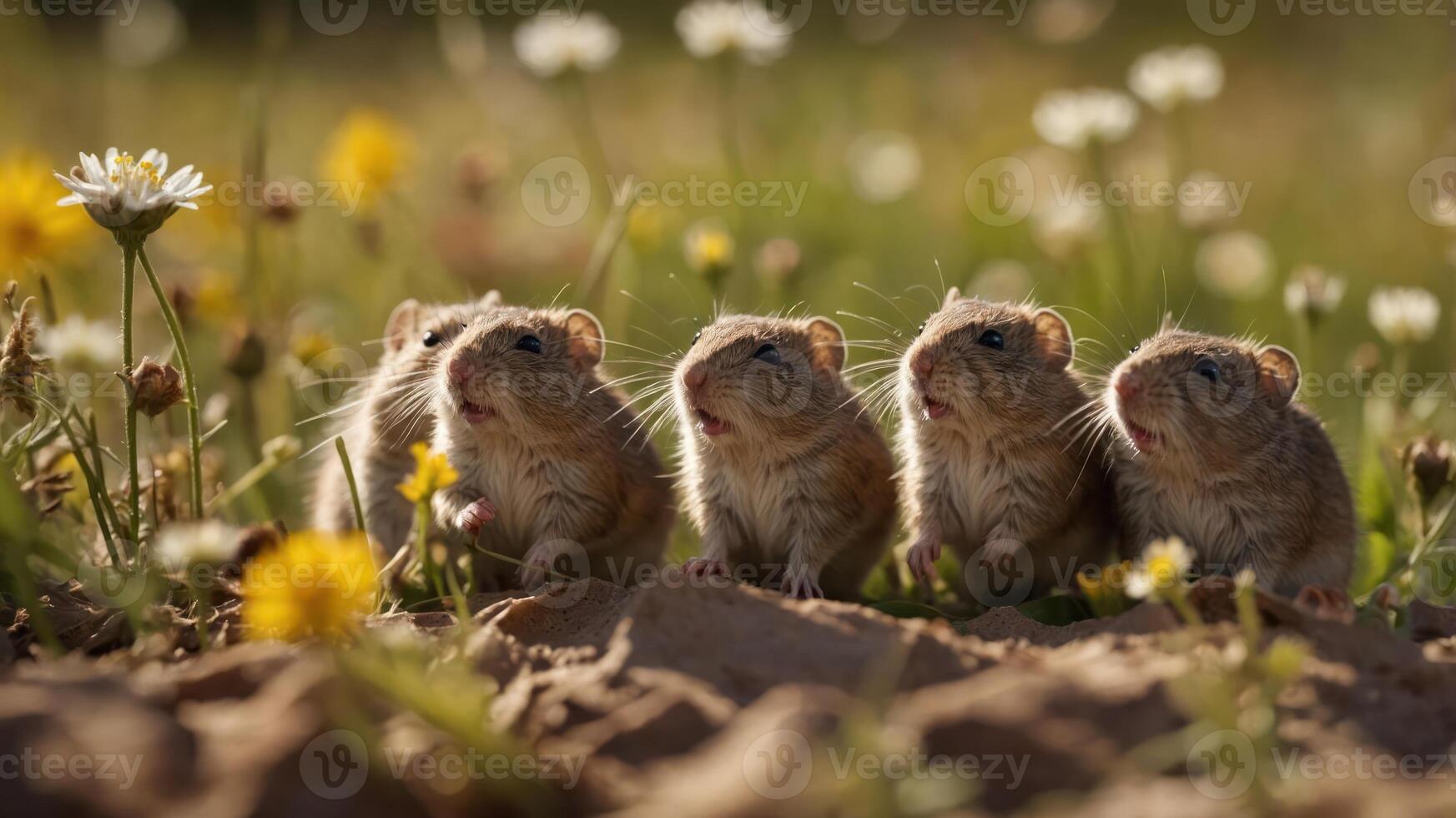 Group of five small rodents curiously exploring a vibrant flower-filled meadow in sunlight photo