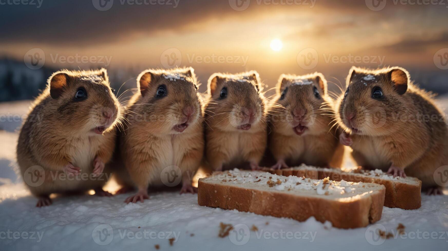 Five small rodents gathered around a slice of bread in a snowy landscape at sunset photo