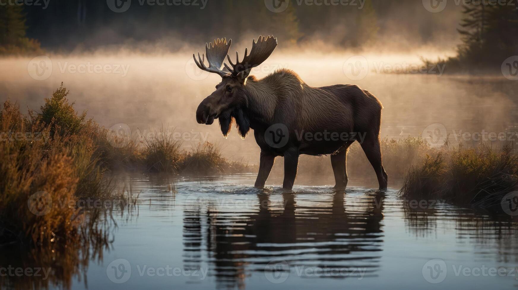 Majestic moose wading through misty waters at dawn, surrounded by serene forest landscape photo